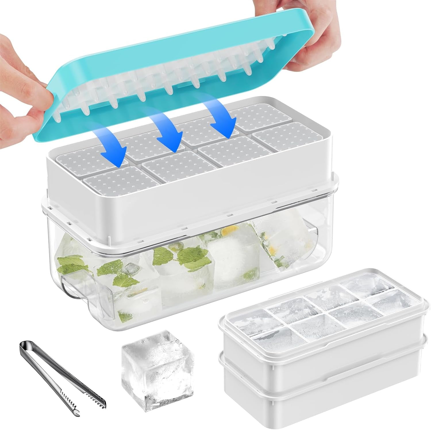 Large Ice Cube Tray With Lid and Bin, Ice Trays for Freezer, 2 INCH Whiskey Ice Cubes Mold, 2*8 pcs Square Ice Cube Mold with Tong, Easy to Release, Large Ice Tray for Whiskey Cocktail Bourbon