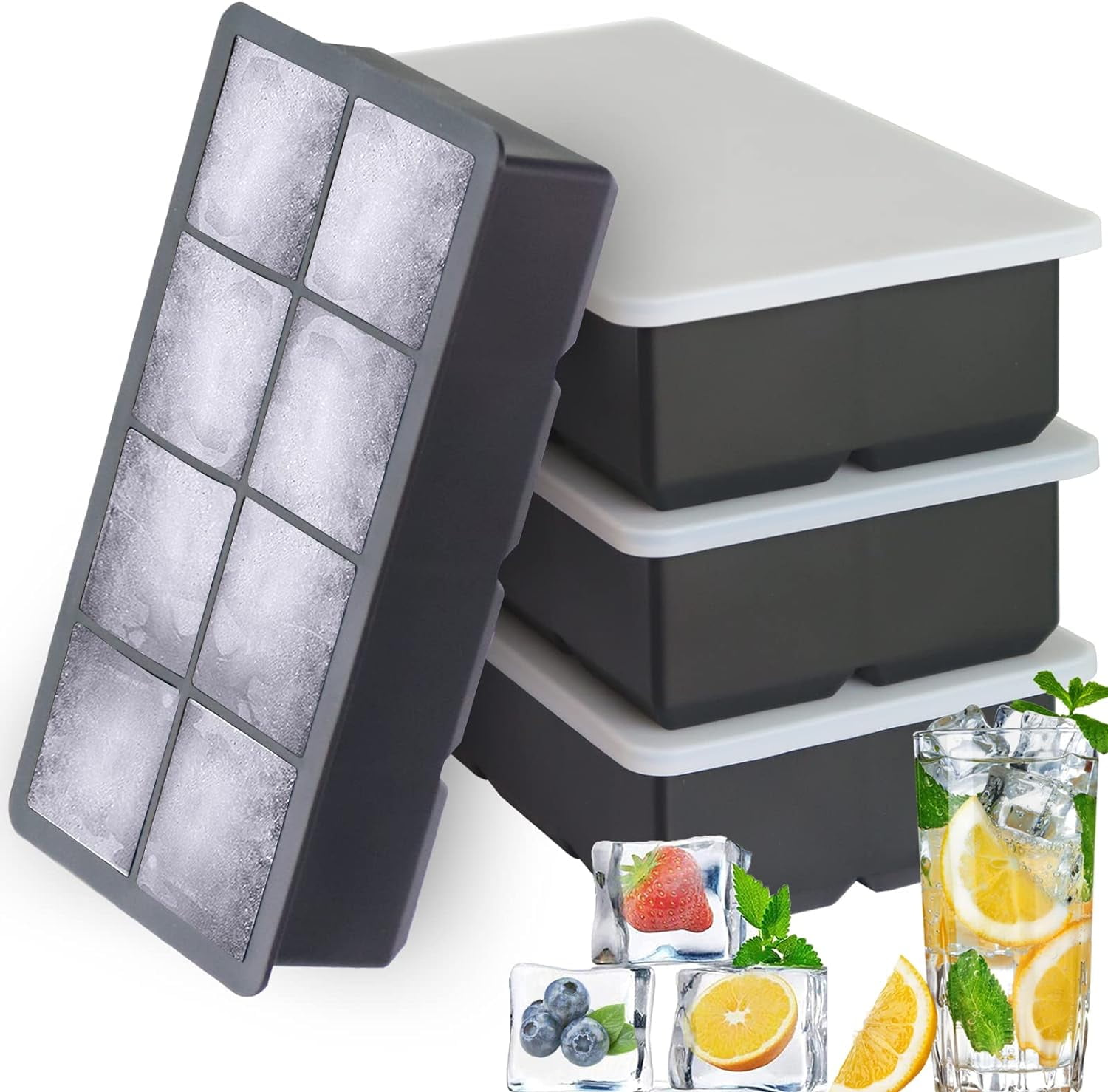 Large Ice Cube Tray, Premium 4 Pack Silicone Ice Cube Mold with Lid, 2 Inch Square 8 Big Ice Cube Maker for Freezer, Cocktail Whiskey Wine, BPA Free, Food Grade, Easy-Release– Black