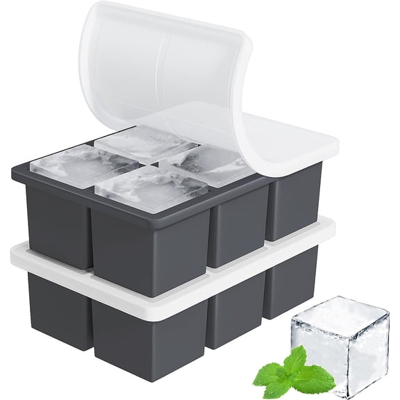 Large Ice Cube Tray for Whiskey: Silicone Trays with Lid - 2Pack Big Square Old Fashioned Maker Cocktail 2inch Huge Cubed Whisky