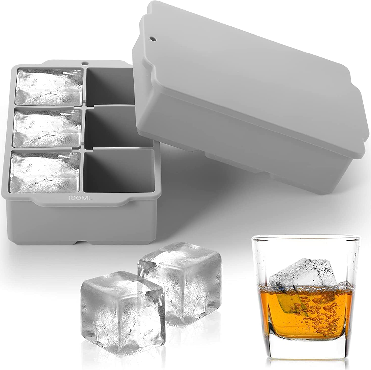 Large Ice Cube Tray with Lid Pack of 2, Stackable Big Silicone Square Ice Cube Mold for Whiskey Cocktails Bourbon Soups Frozen Treats, BPA Free