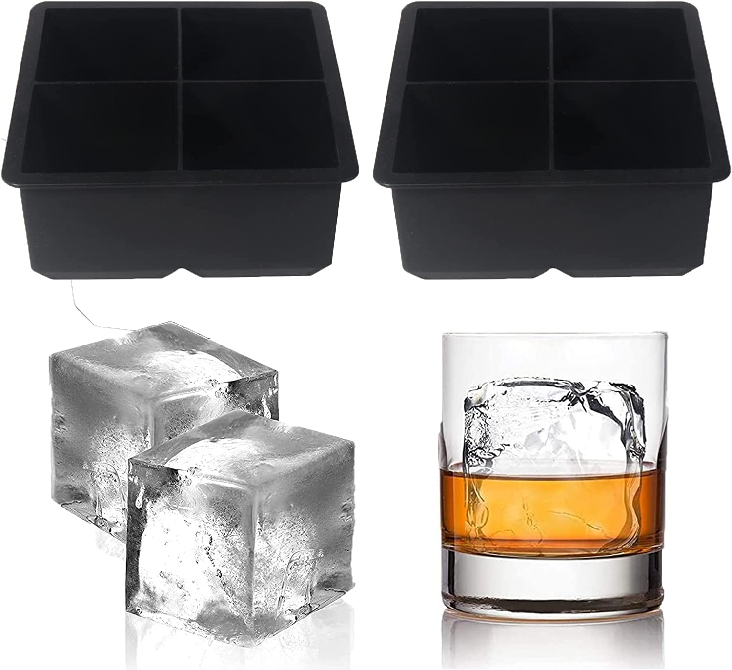 Large Ice Cube Trays Silicone (2.5-Inches) - Giant Cocktail Silicone Ice Maker, Scotch Whiskey Ice Cube, Easy Release Reusable Ice Cubes,Food Grade (Black 2 Tray)