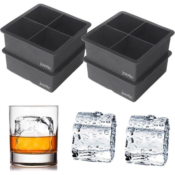 Large Ice Cube Trays Silicone (2.5-Inches) - Large Ice Tray Molds for making 4 Giant Ice Cubes for Whiskey (black 4 pack)