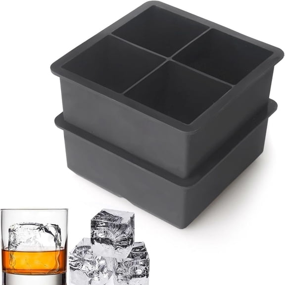 Large Ice Cube Trays Silicone (2.5-Inches) - Large Ice Tray Molds for making 4 Ice Cubes for Whiskey (black 2 pack)