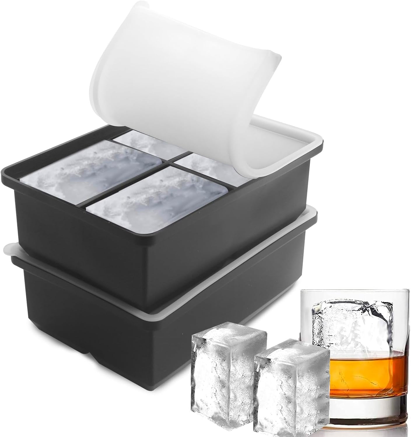 Large Ice Cube Trays for Whiskey: Big Silicone Ice Cube Trays - 3 * 2Inch Square Ice Cubed Tray for Bourbon Whisky and Cocktail - 2Pack Giant Silicon Ice Cube Tray (Black 2 Tray)