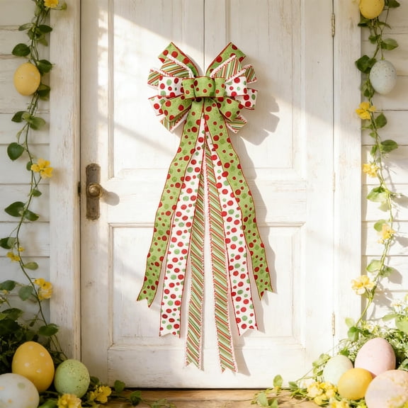 Large Imitation Red Polka Dots Border Bow, Holiday Party Background Decor, Big Decorative Bow for Fireplace Rattan Wall Dining Table, Easter and St Patricks Day Decor Accessory, 12.9*44.4in