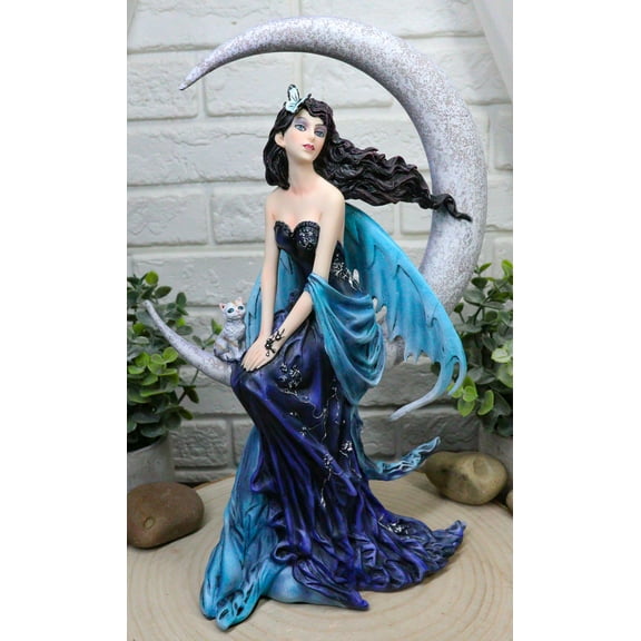 Large Indigo Moon Celestial Witching Hour Fairy with Kitten Cat Statue 11.75"H