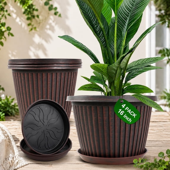 Large Indoor Outdoor Planter Pots, 16 Inch 4 Pack Plastic Flower Pots with Drainage Holes and Saucer, Modern Decorative Garden Planters for Medium Large Plants