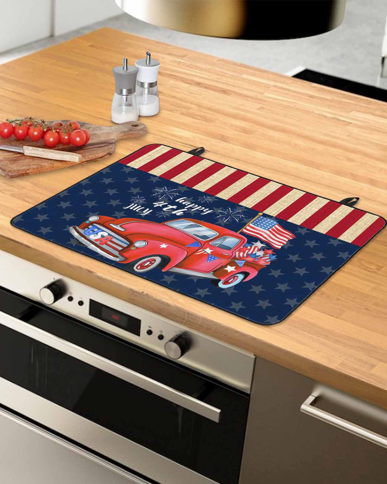 Large Induction Cooktop Protector Mat 4th of July Stove Top Covers for Electric Stove, Patriotic Red Truck American Flag Star Firework Decorative Stove Burner Cover Mats, Glass Top Stove Cover