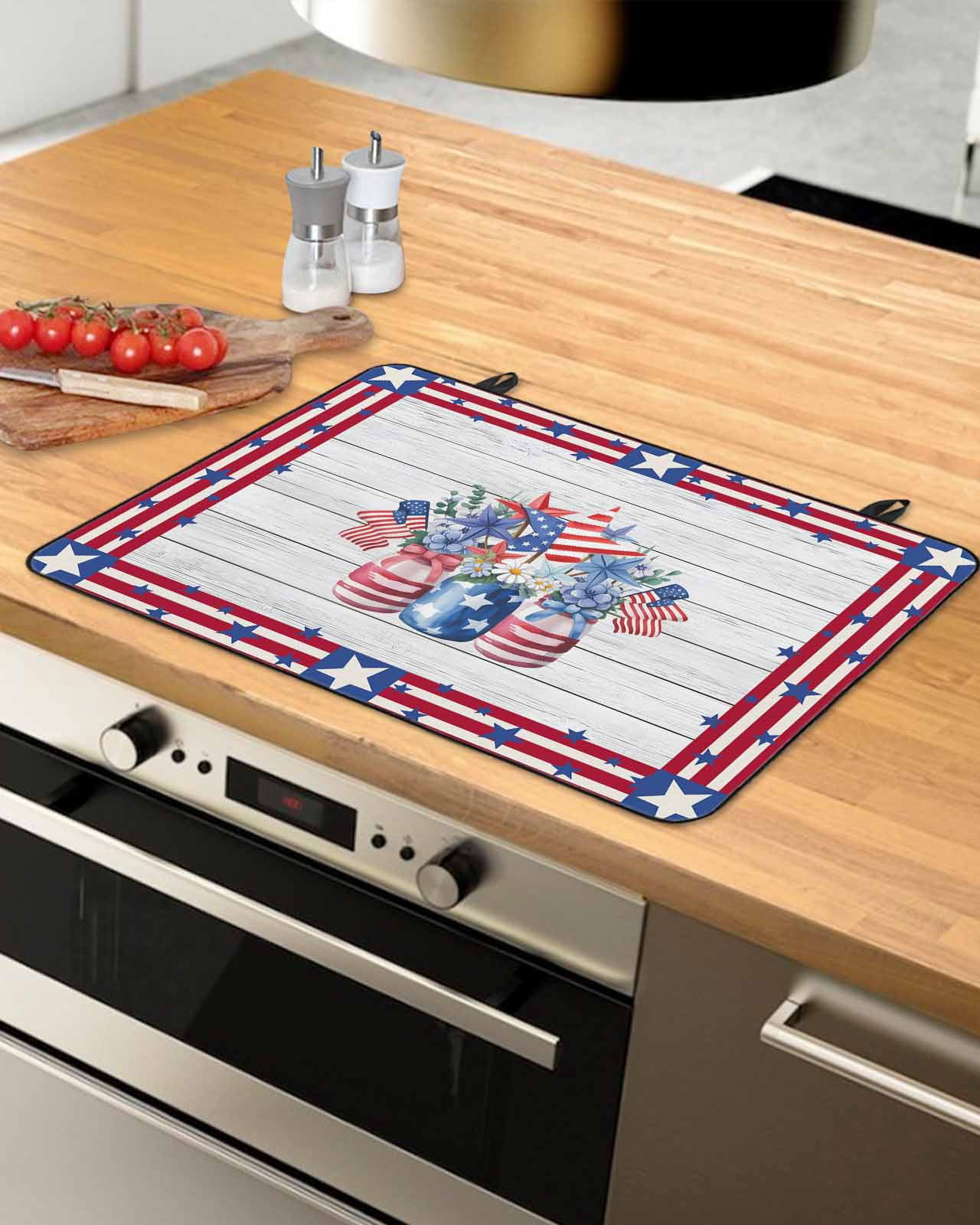 Large Induction Cooktop Protector Mat 4th of July Stove Top Covers for Electric Stove, Red Blue Patriotic Flowers Star Stripes Wooden Decorative Stove Burner Cover Mats, Glass Top Stove Cover
