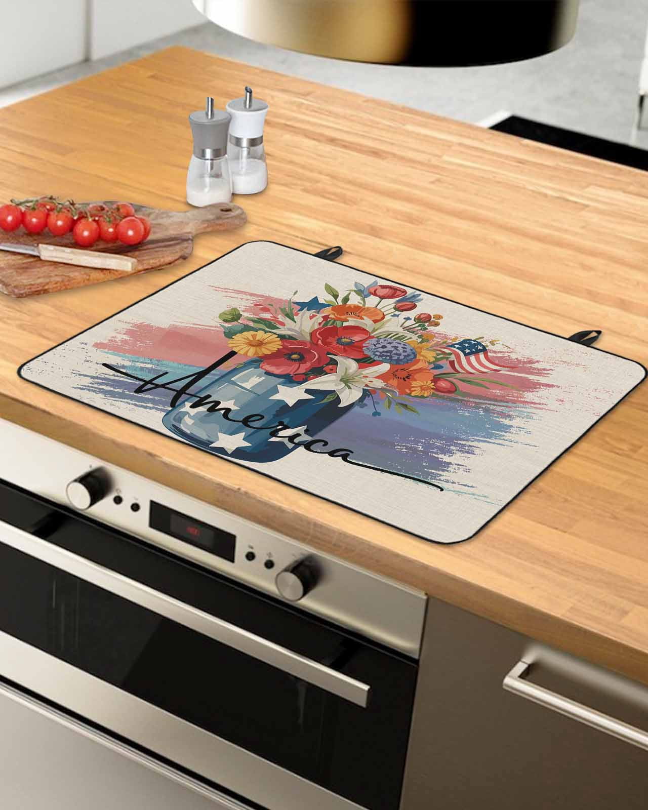 Large Induction Cooktop Protector Mat 4th of July Stove Top Covers for Electric Stove, Retro Watercolor American Flag Star Flowers Decorative Stove Burner Cover Mats, Glass Top Stove Cover