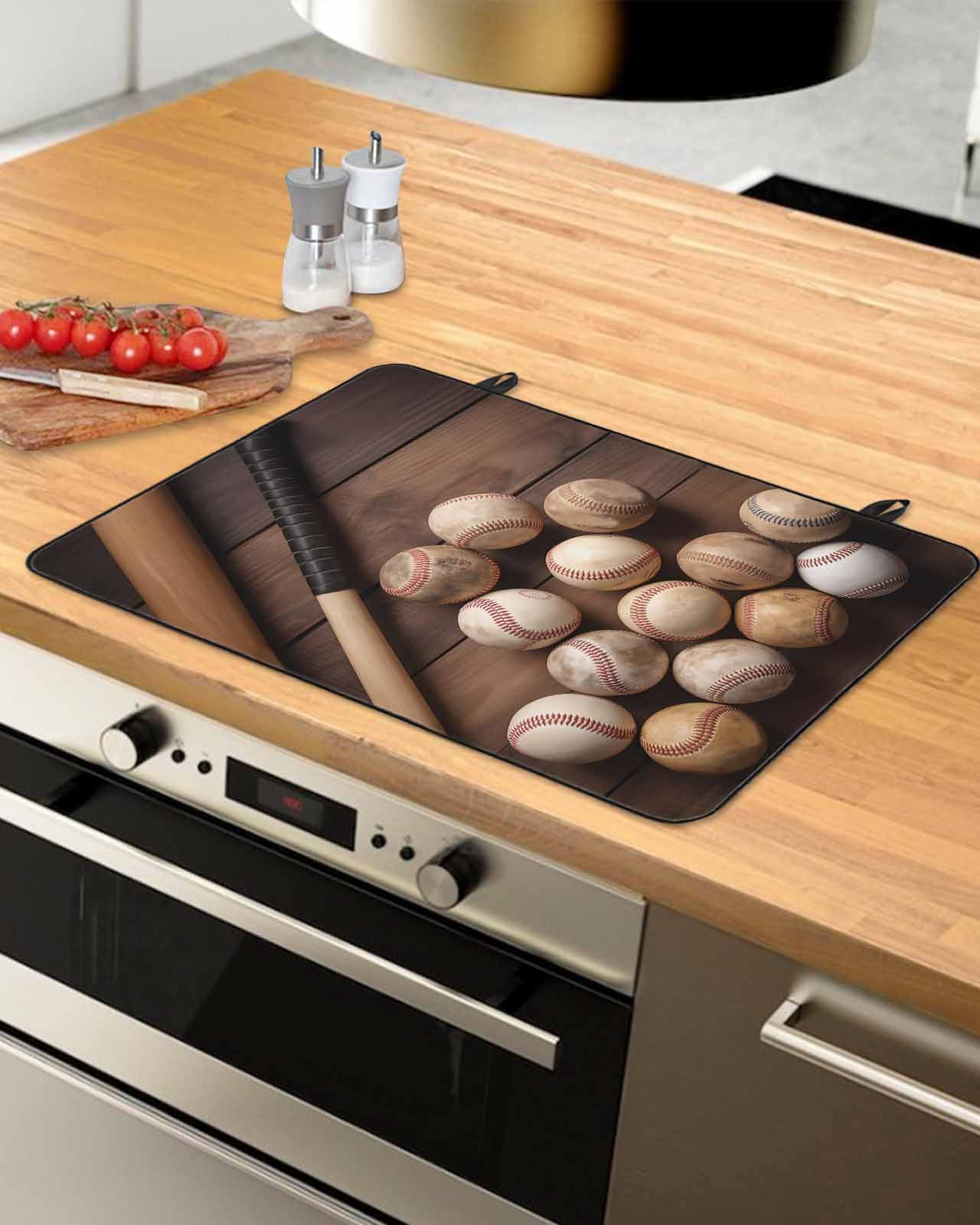 Large Induction Cooktop Protector Mat Baseball Stove Top Covers for Electric Stove, Farmhouse Retro Sport Theme Brown Wooden Grain Decorative Stove Burner Cover Mats, Glass Top Stove Cover