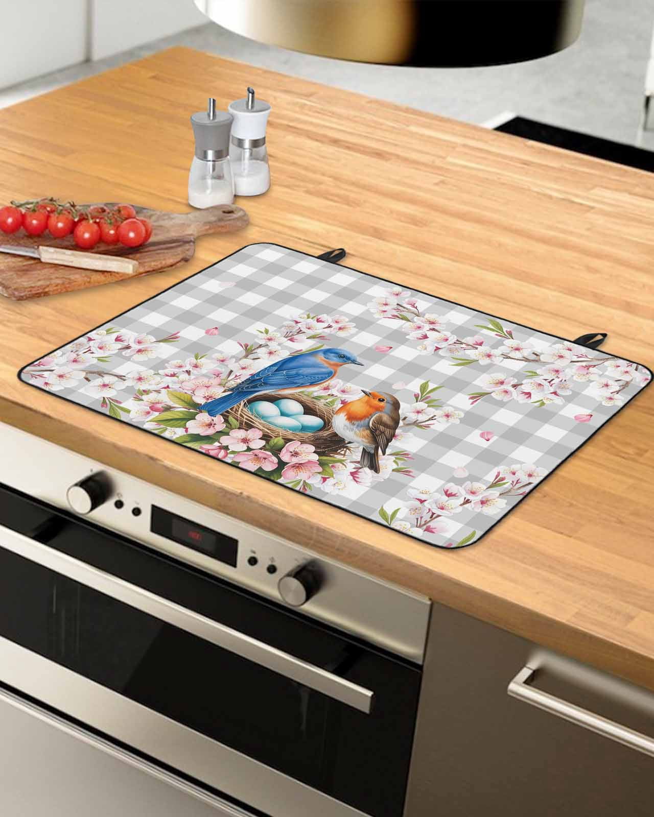 Large Induction Cooktop Protector Mat Birds Floral Stove Top Covers for Electric Stove, Farmhouse Country Pink Flower Leaf Grey Plaid Decorative Stove Burner Cover Mats, Glass Top Stove Cover