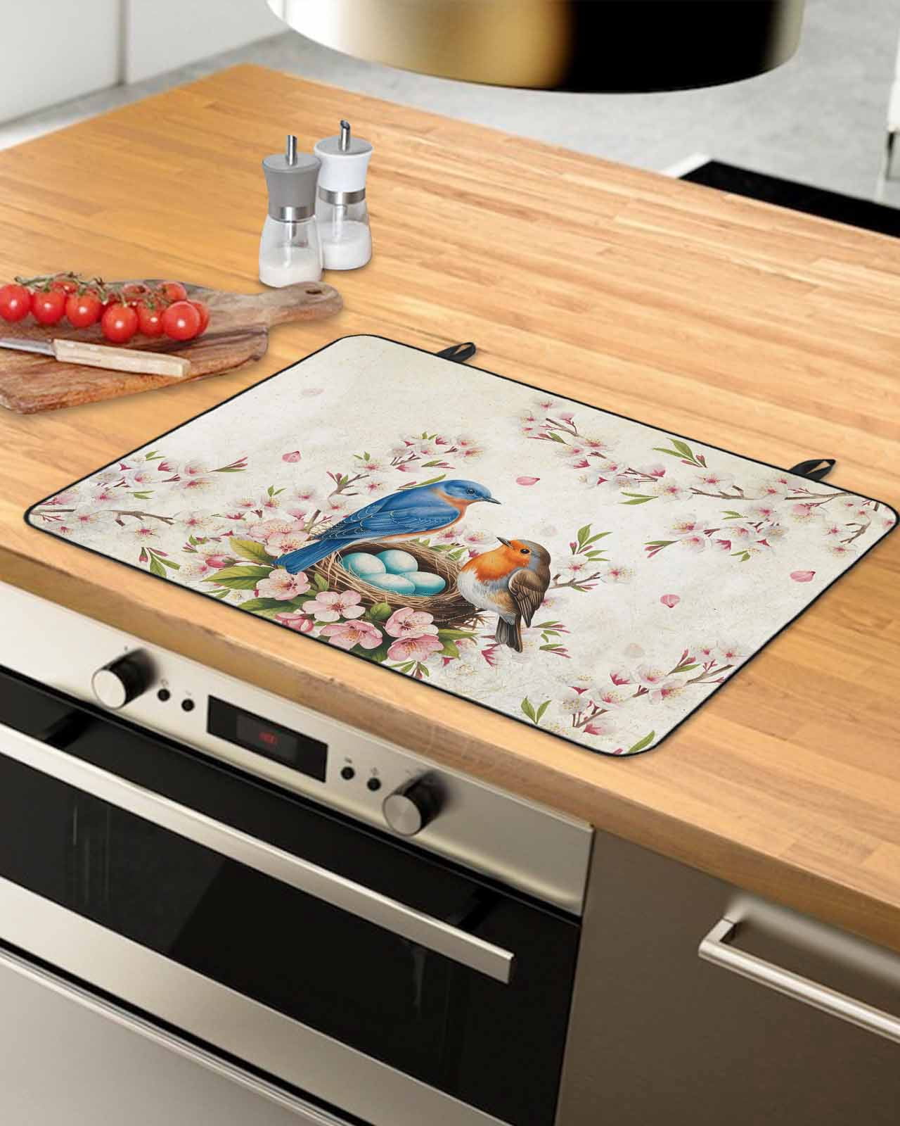 Large Induction Cooktop Protector Mat Birds Floral Stove Top Covers for Electric Stove, Farmhouse Vintage Pink Flower Leaf Decorative Stove Burner Cover Mats, Glass Top Stove Cover