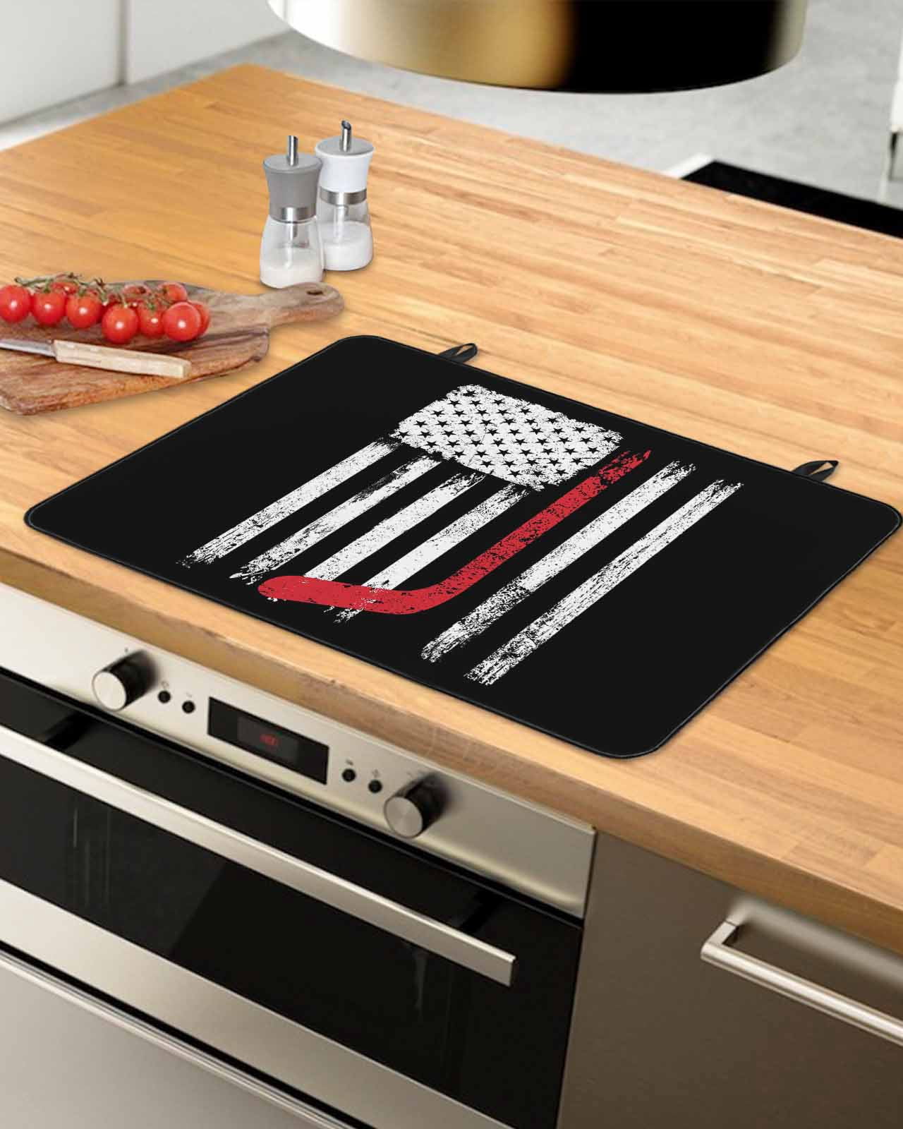 Large Induction Cooktop Protector Mat Black American Flag Stove Top Covers for Electric Stove, Vintage Red Hockey Star Strip Flag Decorative Stove Burner Cover Mats, Glass Top Stove Cover