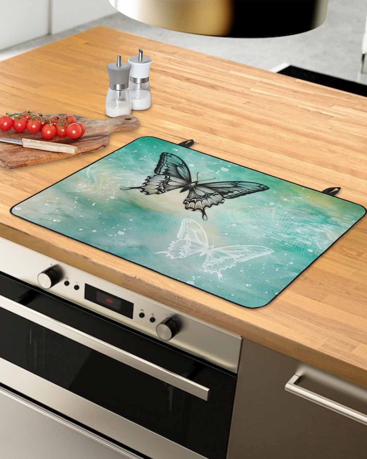 Large Induction Cooktop Protector Mat Black Butterflies Stove Top Covers for Electric Stove, Modern Abstract Gradient Teal Green Decorative Stove Burner Cover Mats, Glass Top Stove Cover