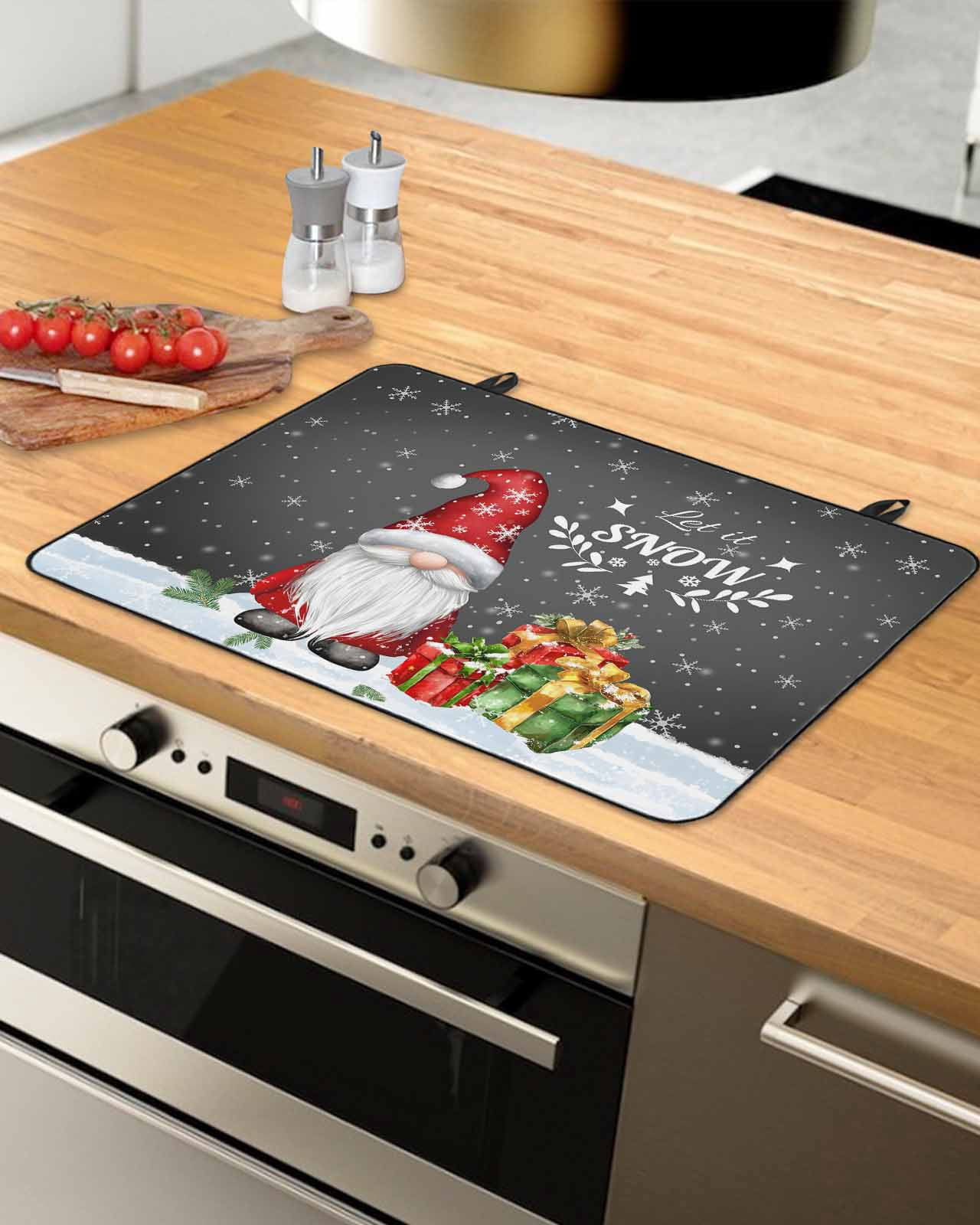 Large Induction Cooktop Protector Mat Black Christmas Gnomes Stove Top Covers for Electric Stove, Xmas Tree Balls Snowflake Decorative Stove Burner Cover Mats, Glass Top Stove Cover