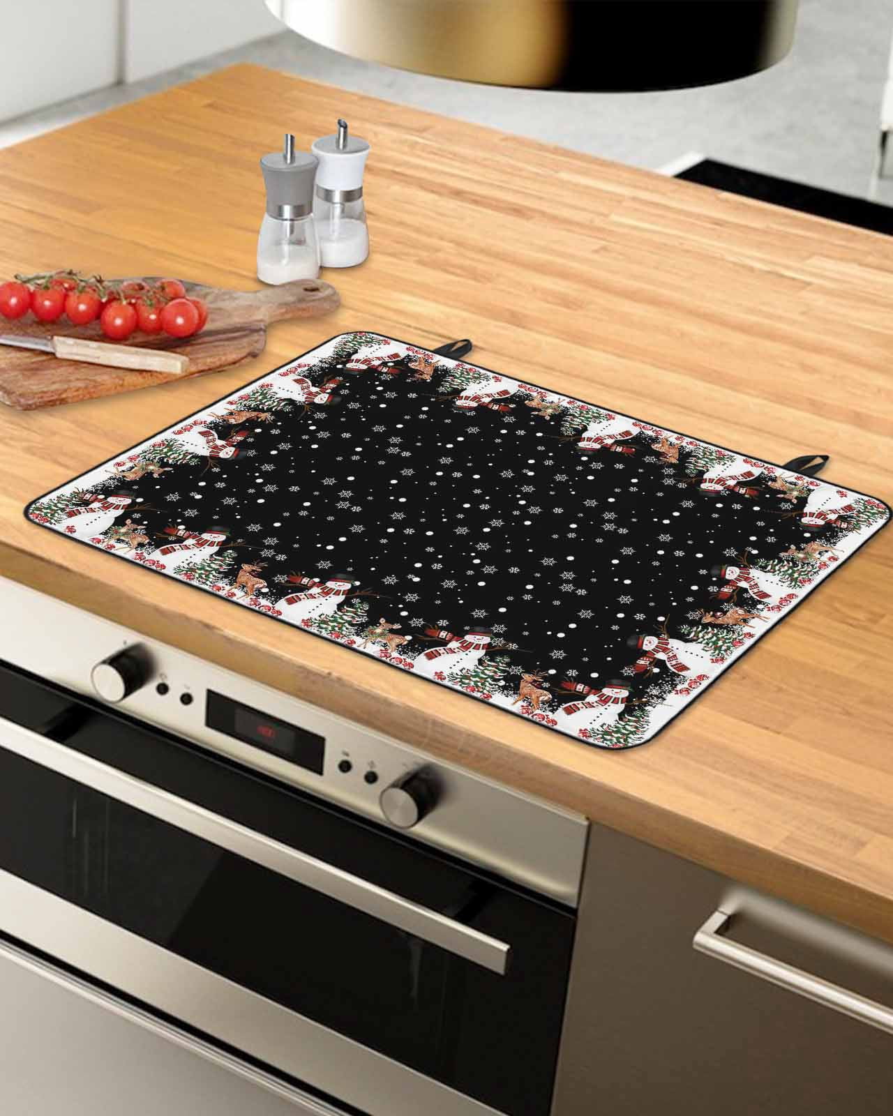 Large Induction Cooktop Protector Mat Black Christmas Stove Top Covers for Electric Stove, Cute Snowman Elk Xmas Tree Winter Snowflakes Decorative Stove Burner Cover Mats, Glass Top Stove Cover