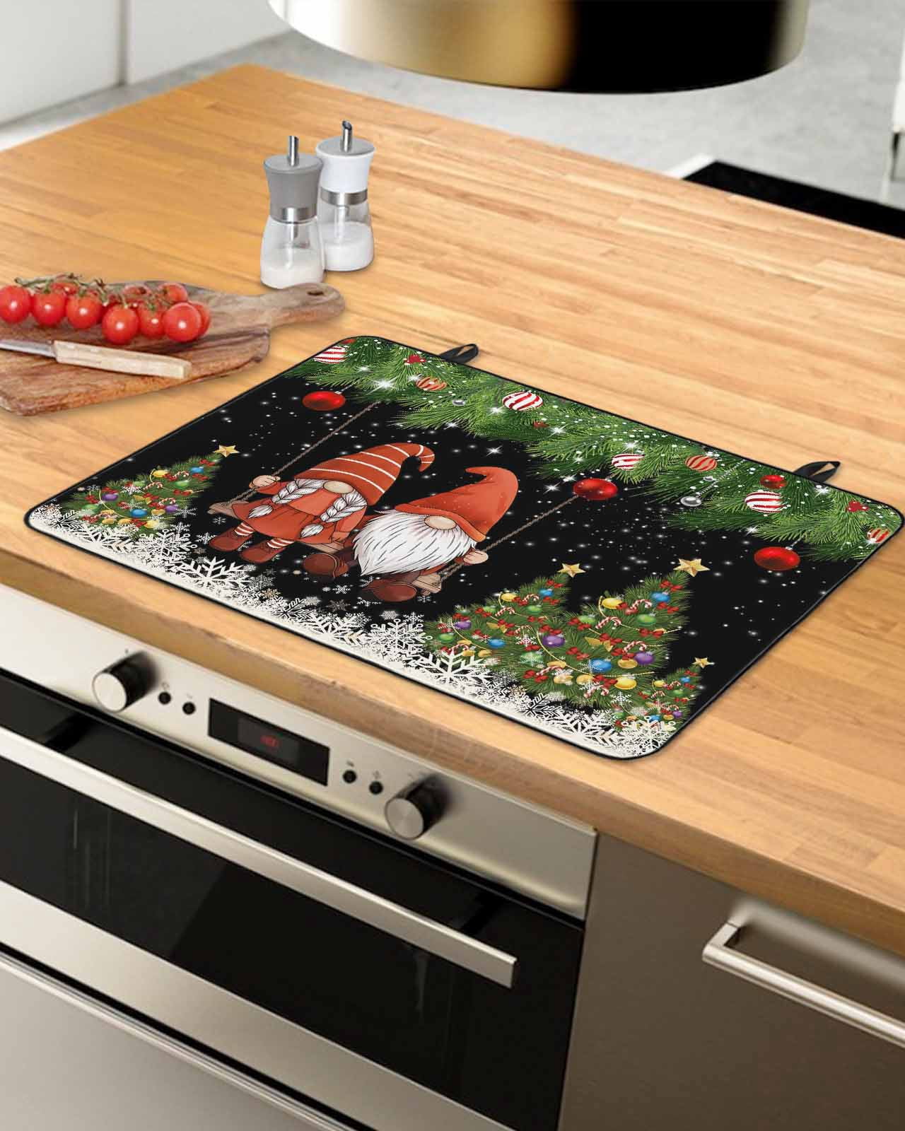 Large Induction Cooktop Protector Mat Black Gnomes Christmas Stove Top Covers for Electric Stove, Xmas Tree Balls Snowflake Decorative Stove Burner Cover Mats, Glass Top Stove Cover