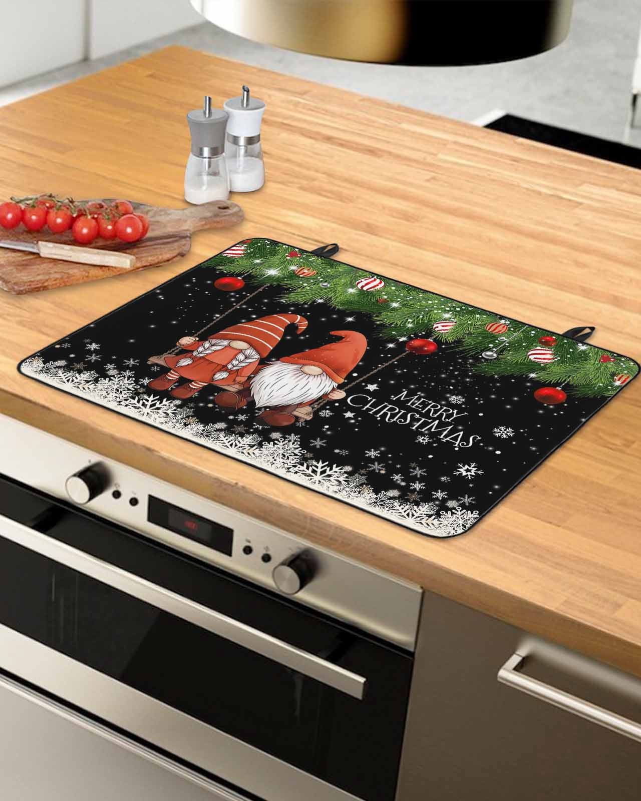 Large Induction Cooktop Protector Mat Black Gnomes Christmas Stove Top Covers for Electric Stove, Xmas Weeping Balls Snowflake Decorative Stove Burner Cover Mats, Glass Top Stove Cover
