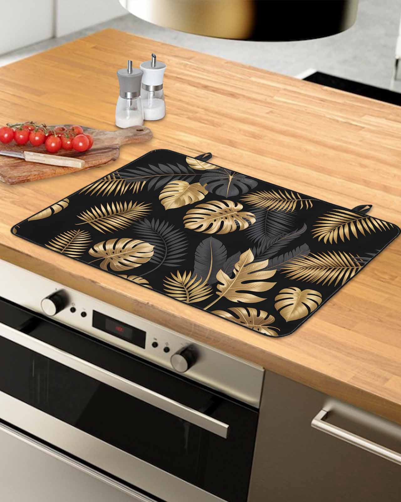 Large Induction Cooktop Protector Mat Black Golden Palm Leaf Stove Top Covers for Electric Stove, Tropical Plant Modern Luxury Decorative Stove Burner Cover Mats, Glass Top Stove Cover