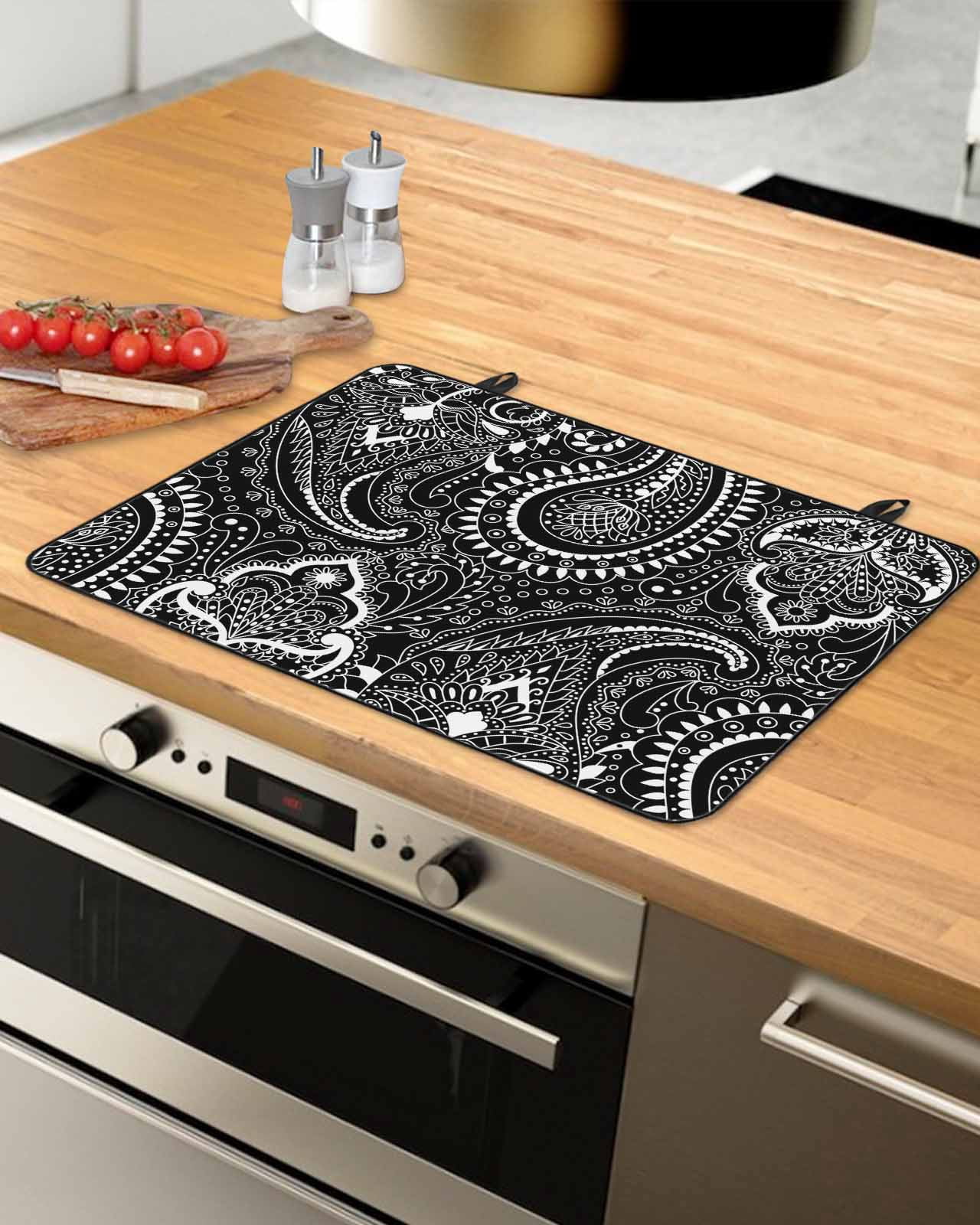 Large Induction Cooktop Protector Mat Black Pesley Flower Stove Top Covers for Electric Stove, Boho Vintage Ethnic Floral Plant Decorative Stove Burner Cover Mats, Glass Top Stove Cover