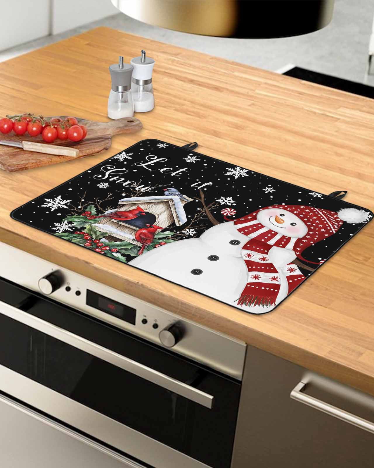 Large Induction Cooktop Protector Mat Black Snowman Christmas Stove Top Covers for Electric Stove, Xmas Snowflake Birds Berry Winter Decorative Stove Burner Cover Mats, Glass Top Stove Cover