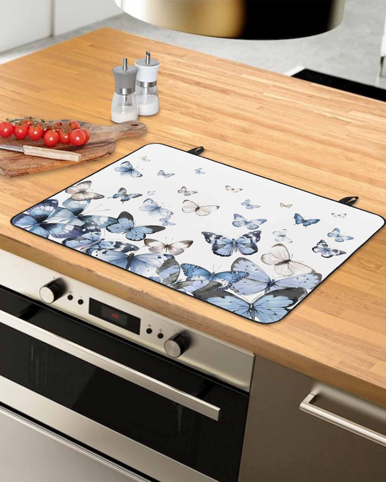 Large Induction Cooktop Protector Mat Blue Butterflies Stove Top Covers for Electric Stove, Elegant Pastoral Butterfly Decorative Stove Burner Cover Mats, Glass Top Stove Cover