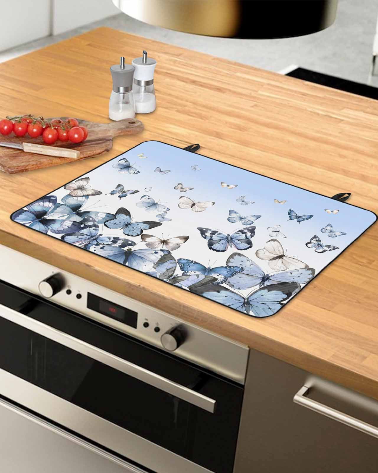 Large Induction Cooktop Protector Mat Blue Butterflies Stove Top Covers for Electric Stove, Elegant Pastoral Watercolor Decorative Stove Burner Cover Mats, Glass Top Stove Cover