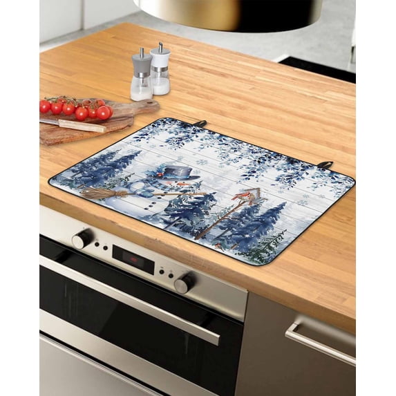 Large Induction Cooktop Protector Mat Blue Christmas Stove Top Covers for Electric Stove, Snowman Eucalyptus Leaves Snowflake Wooden Decorative Stove Burner Cover Mats, Glass Top Stove Cover