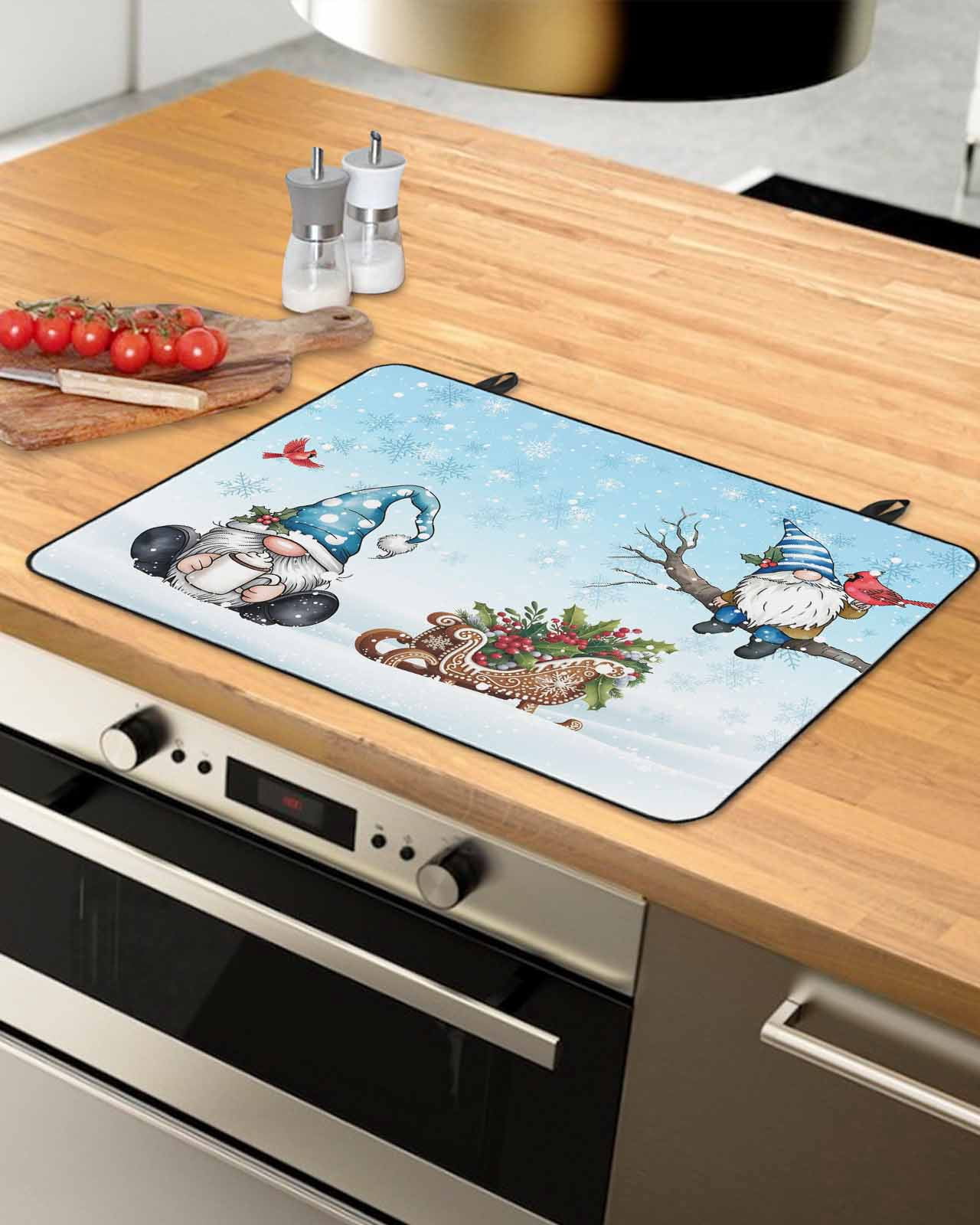 Large Induction Cooktop Protector Mat Blue Christmas Stove Top Covers for Electric Stove, Winter Gnomes Snowflakes Cardinal Holly Decorative Stove Burner Cover Mats, Glass Top Stove Cover
