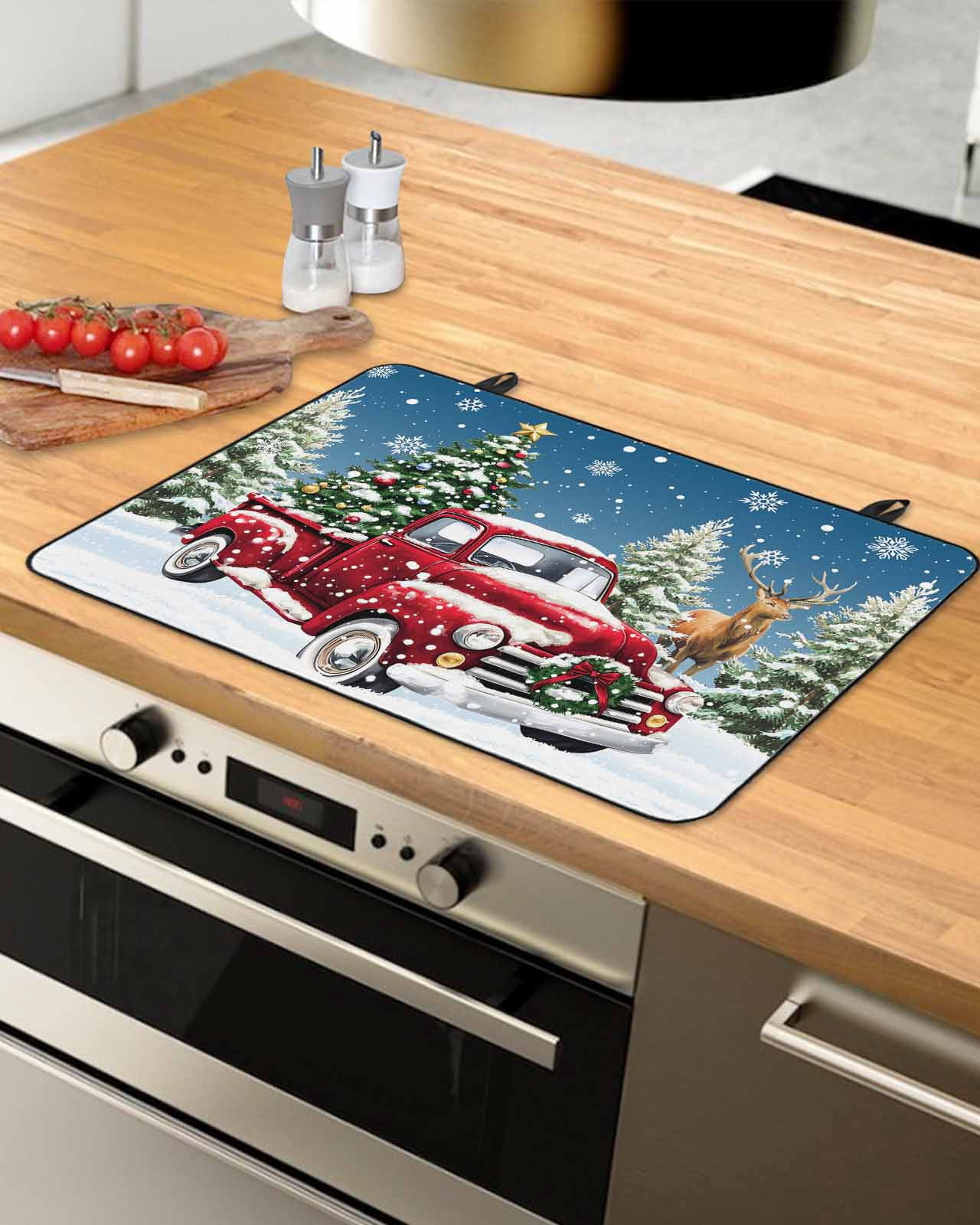Large Induction Cooktop Protector Mat Blue Christmas Stove Top Covers for Electric Stove, Winter Red Truck Pine Tree Xmas Snowflakes Decorative Stove Burner Cover Mats, Glass Top Stove Cover
