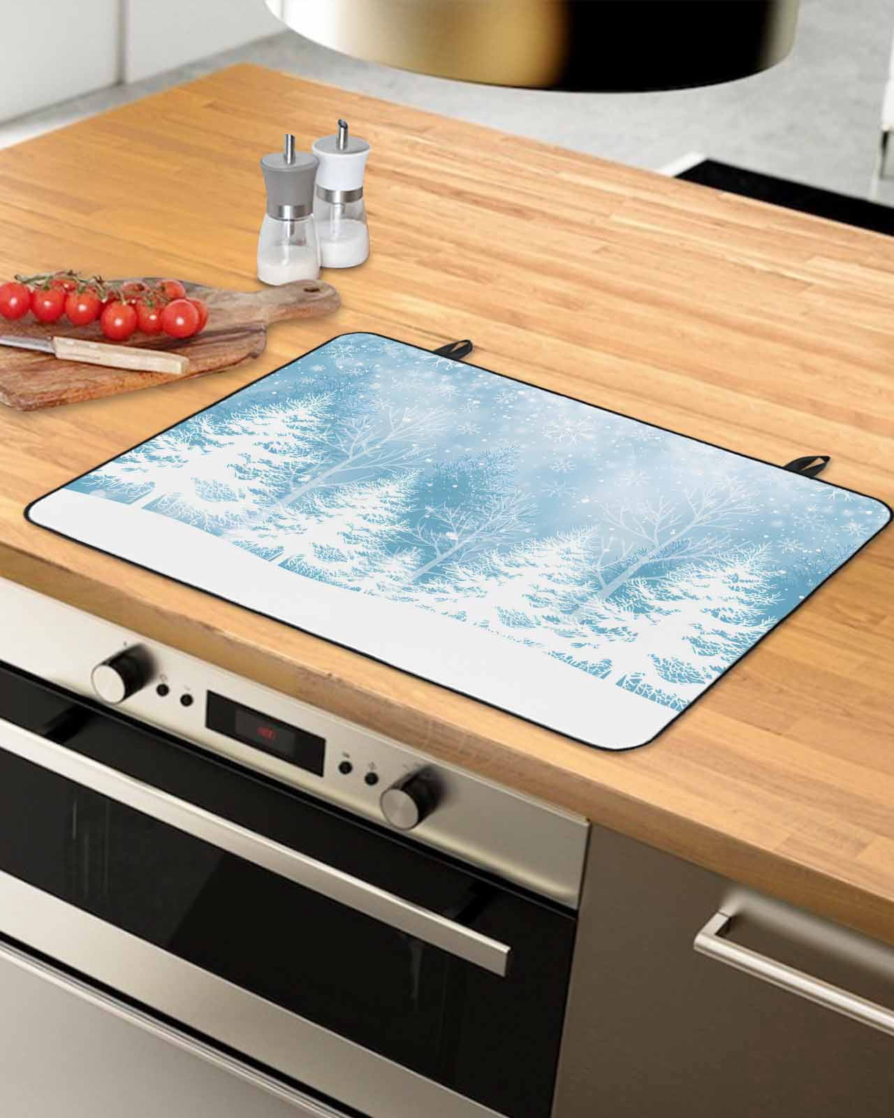 Large Induction Cooktop Protector Mat Blue Christmas Stove Top Covers for Electric Stove, Winter White Xmas Pine Tree Snow Scene Decorative Stove Burner Cover Mats, Glass Top Stove Cover