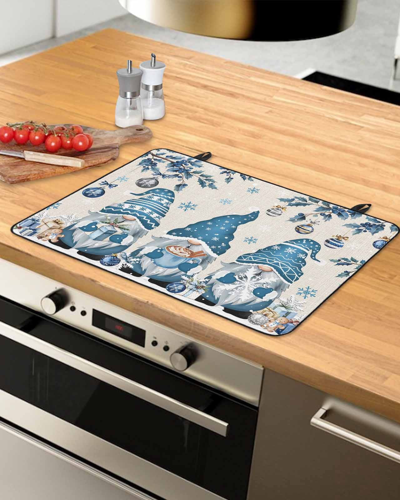 Large Induction Cooktop Protector Mat Blue Christmas Stove Top Covers for Electric Stove, Xmas Gnomes Balls Tree Snowflake Gifts Decorative Stove Burner Cover Mats, Glass Top Stove Cover
