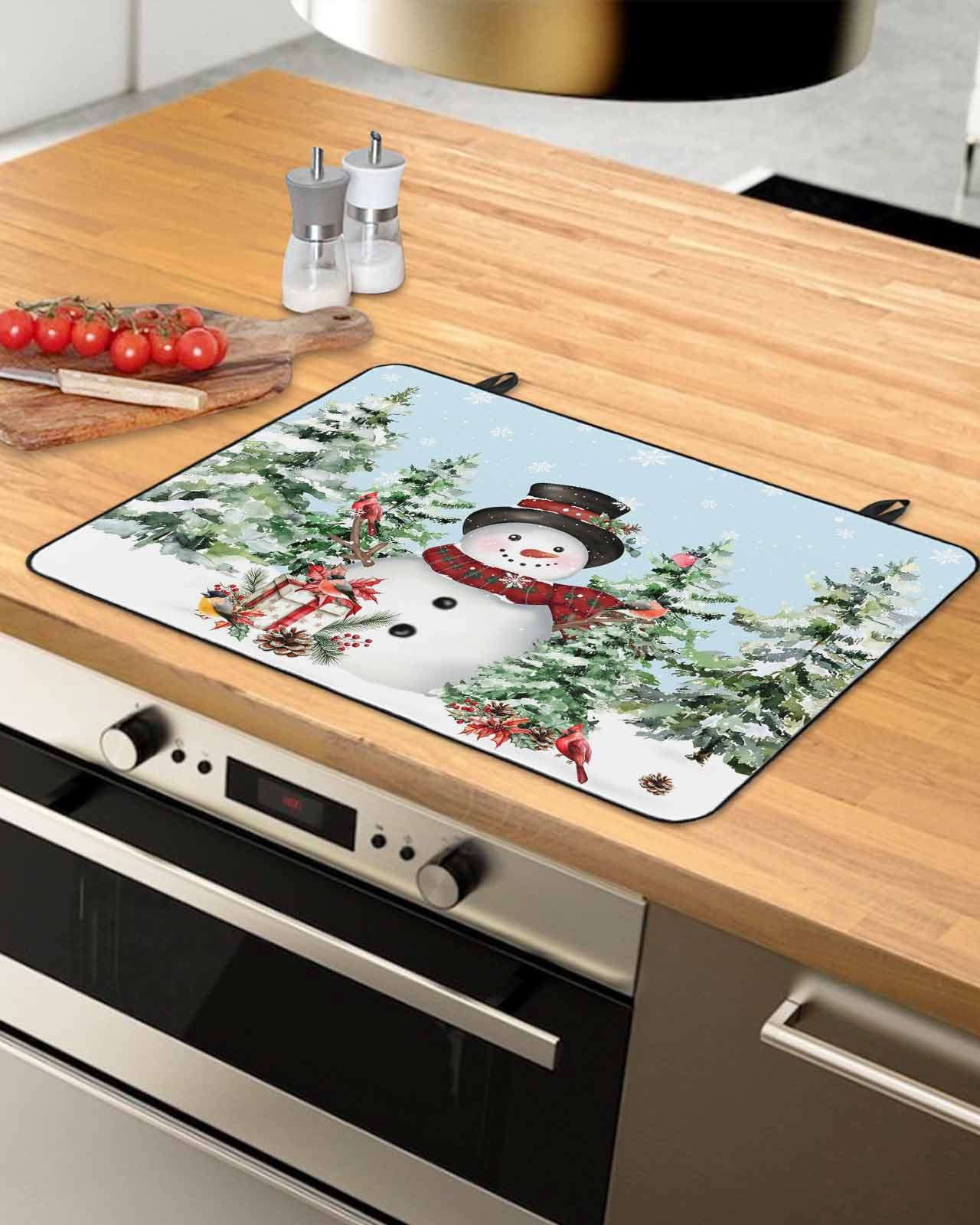Large Induction Cooktop Protector Mat Blue Christmas Stove Top Covers for Electric Stove, Xmas Trees Snowman Snowflake Birds Watercolor Decorative Stove Burner Cover Mats, Glass Top Stove Cover