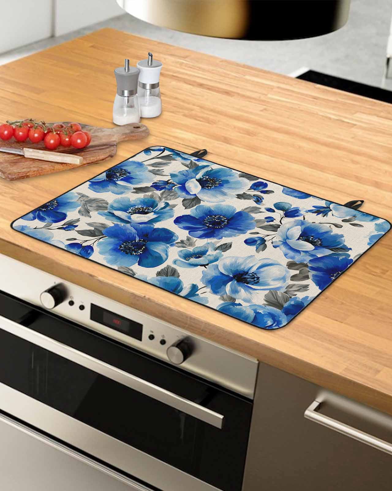 Large Induction Cooktop Protector Mat Blue Flowers Stove Top Covers for Electric Stove, Spring Watercolor Floral Leaves Plants Beige Decorative Stove Burner Cover Mats, Glass Top Stove Cover
