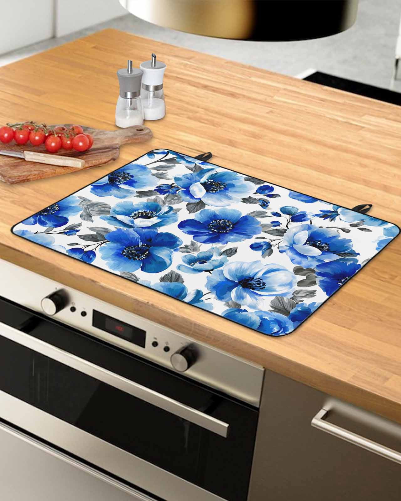 Large Induction Cooktop Protector Mat Blue Flowers Stove Top Covers for Electric Stove, Spring Watercolor Leaves Floral Plants Decorative Stove Burner Cover Mats, Glass Top Stove Cover