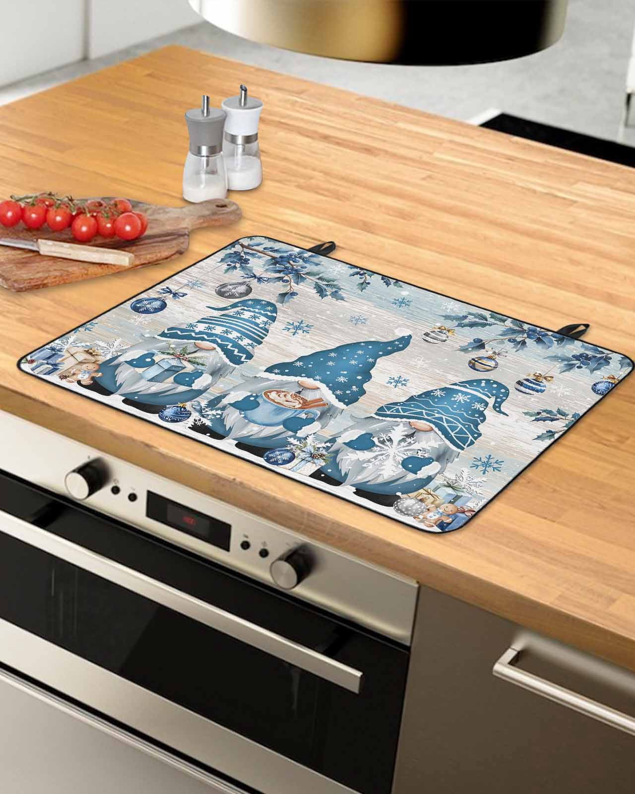 Large Induction Cooktop Protector Mat Blue Gnomes Christmas Stove Top Covers for Electric Stove, Xmas Ball Snowflake Gifts Botanical Winter Decorative Stove Burner Cover Mats, Glass Top Stove Cover