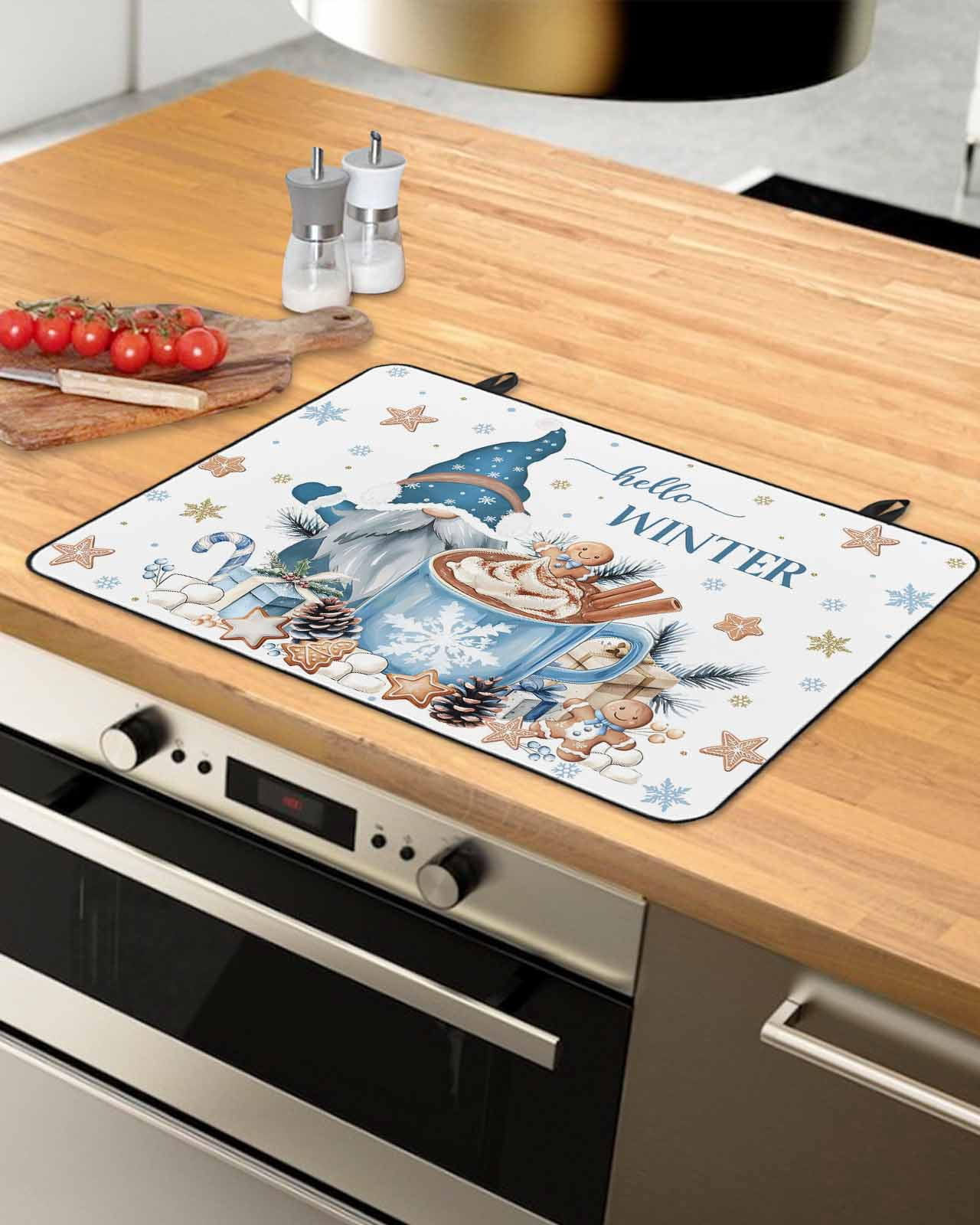 Large Induction Cooktop Protector Mat Blue Gnomes Christmas Stove Top Covers for Electric Stove, Xmas Gifts Snowflake Pine Cones Decorative Stove Burner Cover Mats, Glass Top Stove Cover