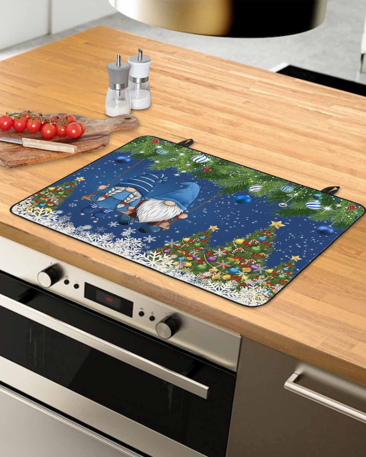 Large Induction Cooktop Protector Mat Blue Gnomes Christmas Stove Top Covers for Electric Stove, Xmas Tree Weeping Balls Snowflake Decorative Stove Burner Cover Mats, Glass Top Stove Cover