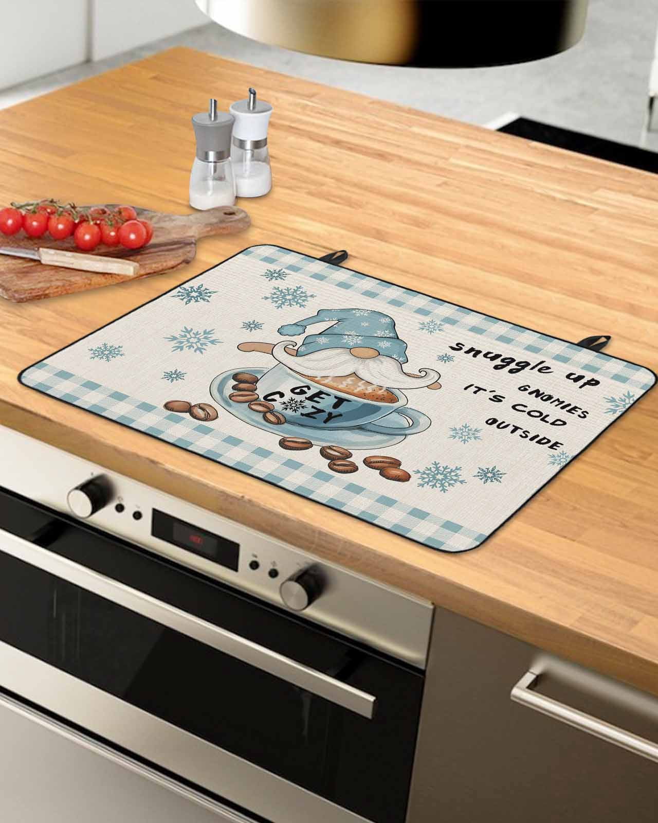 Large Induction Cooktop Protector Mat Blue Gnomes Stove Top Covers for Electric Stove, Coffee Snowflake Winter Checkered Rustic Decorative Stove Burner Cover Mats, Glass Top Stove Cover