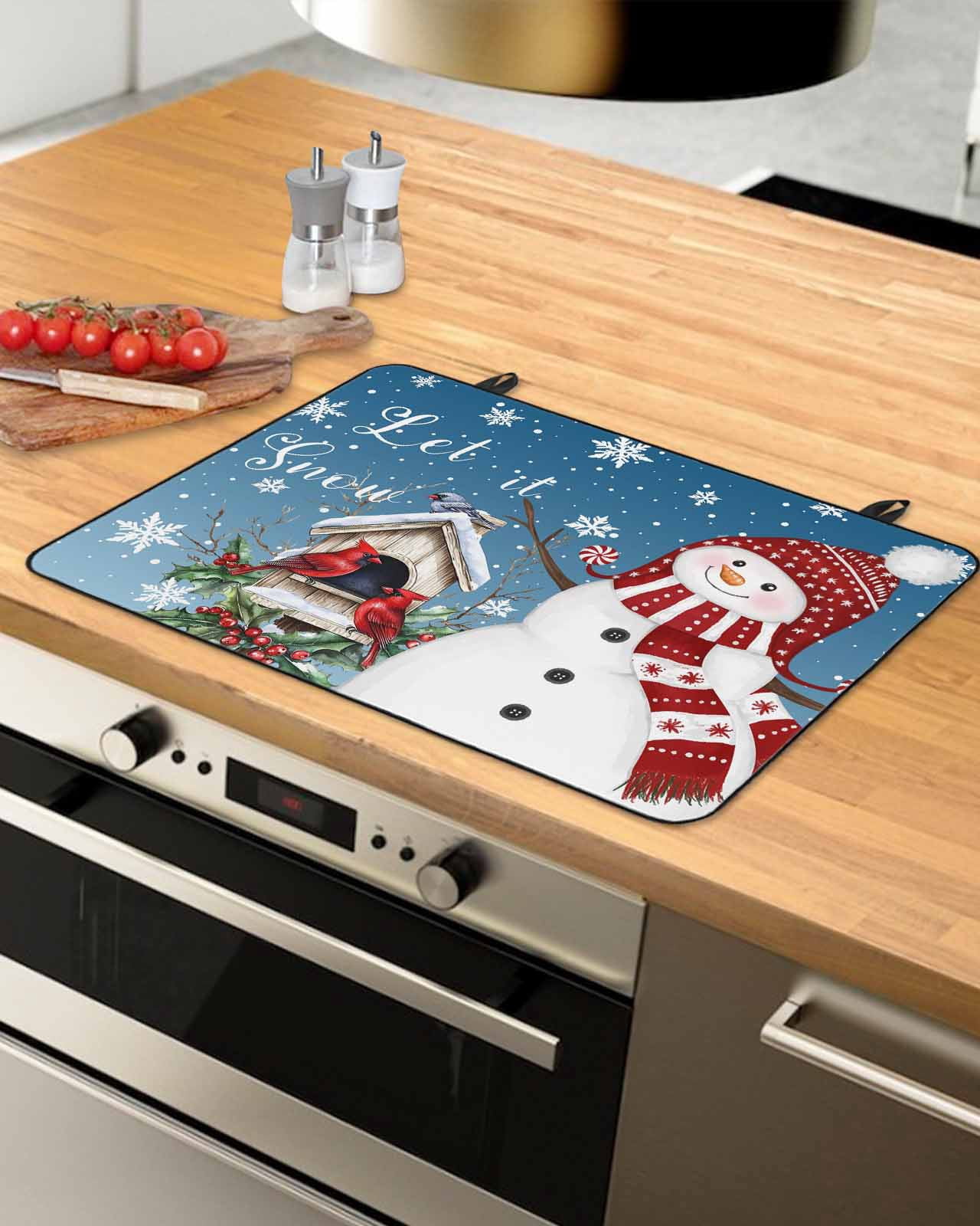 Large Induction Cooktop Protector Mat Blue Grey Snowman Christmas Stove Top Covers for Electric Stove, Xmas Snowflake Birds Berry Winter Decorative Stove Burner Cover Mats, Glass Top Stove Cover