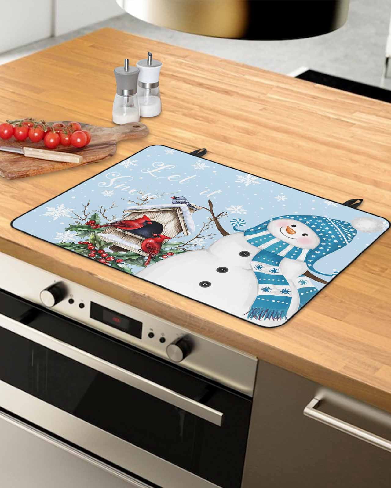 Large Induction Cooktop Protector Mat Blue Snowman Christmas Stove Top Covers for Electric Stove, Xmas Snowflake Birds Berry Winter Decorative Stove Burner Cover Mats, Glass Top Stove Cover