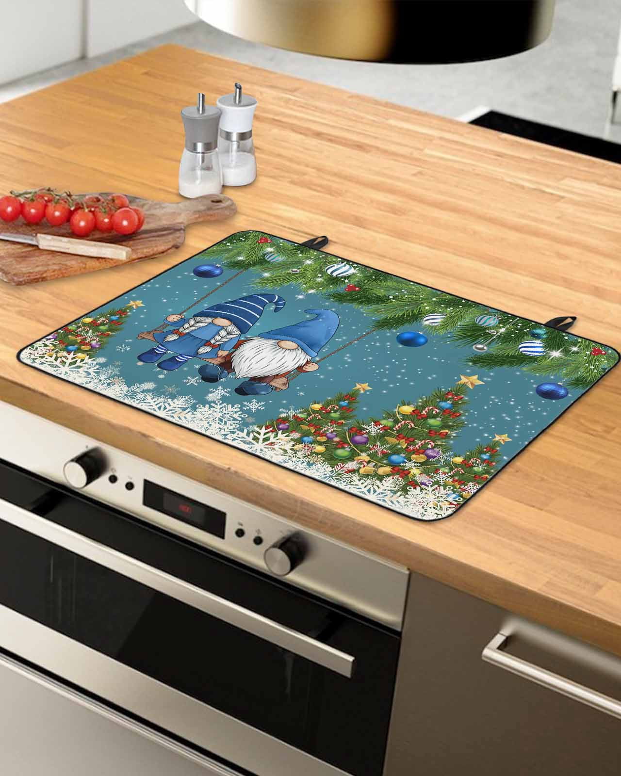 Large Induction Cooktop Protector Mat Blue Teal Gnomes Christmas Stove Top Covers for Electric Stove, Xmas Tree Balls Snowflake Decorative Stove Burner Cover Mats, Glass Top Stove Cover