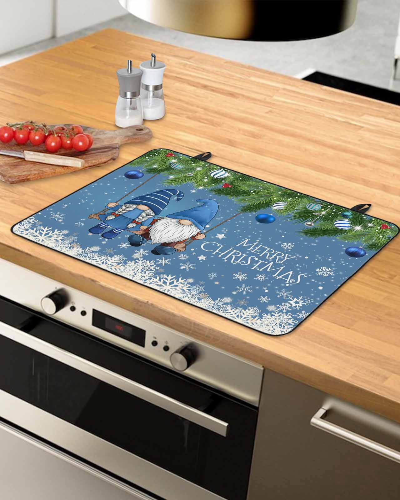 Large Induction Cooktop Protector Mat Blue Teal Gnomes Christmas Stove Top Covers for Electric Stove, Xmas Weeping Balls Snowflake Decorative Stove Burner Cover Mats, Glass Top Stove Cover