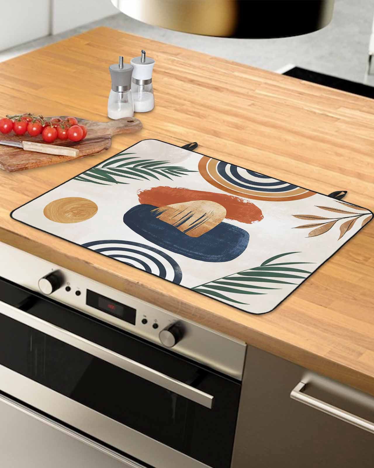 Large Induction Cooktop Protector Mat Boho Stove Top Covers for Electric Stove, Bohemia Middle Century Leaves Abstract Minimalist Beige Decorative Stove Burner Cover Mats, Glass Top Stove Cover