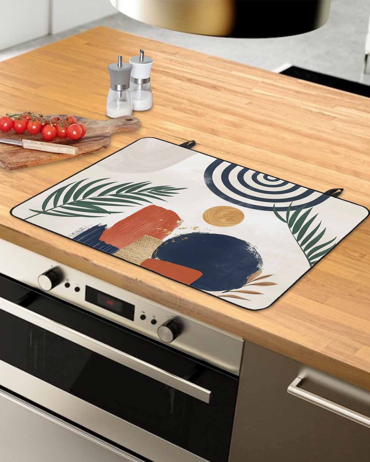 Large Induction Cooktop Protector Mat Boho Stove Top Covers for Electric Stove, Middle Century Leaves Bohemia Minimalist Abstract Art Beige Decorative Stove Burner Cover Mats, Glass Top Stove Cover