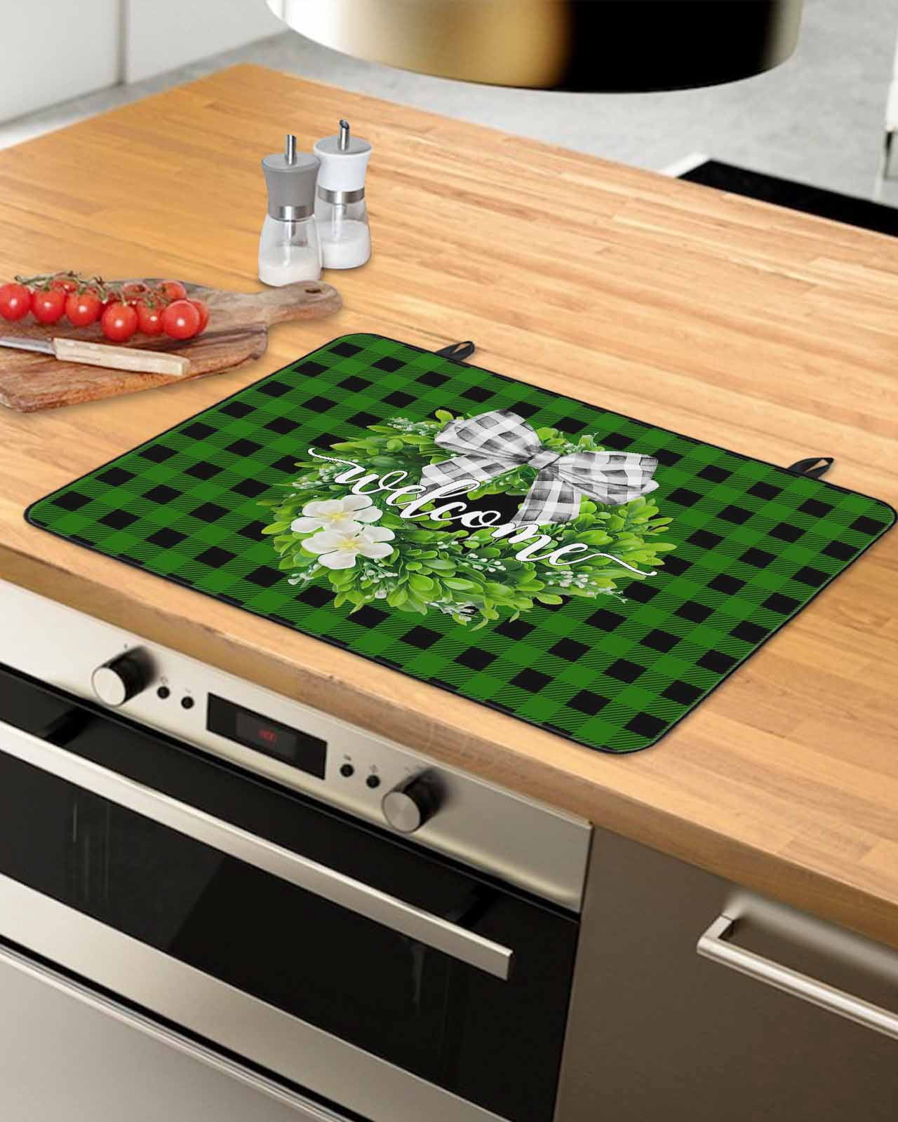 Large Induction Cooktop Protector Mat Botanical Flower Wreath Stove Top Covers for Electric Stove, Rustic Bow-Knot Green Black Plaid Decorative Stove Burner Cover Mats, Glass Top Stove Cover