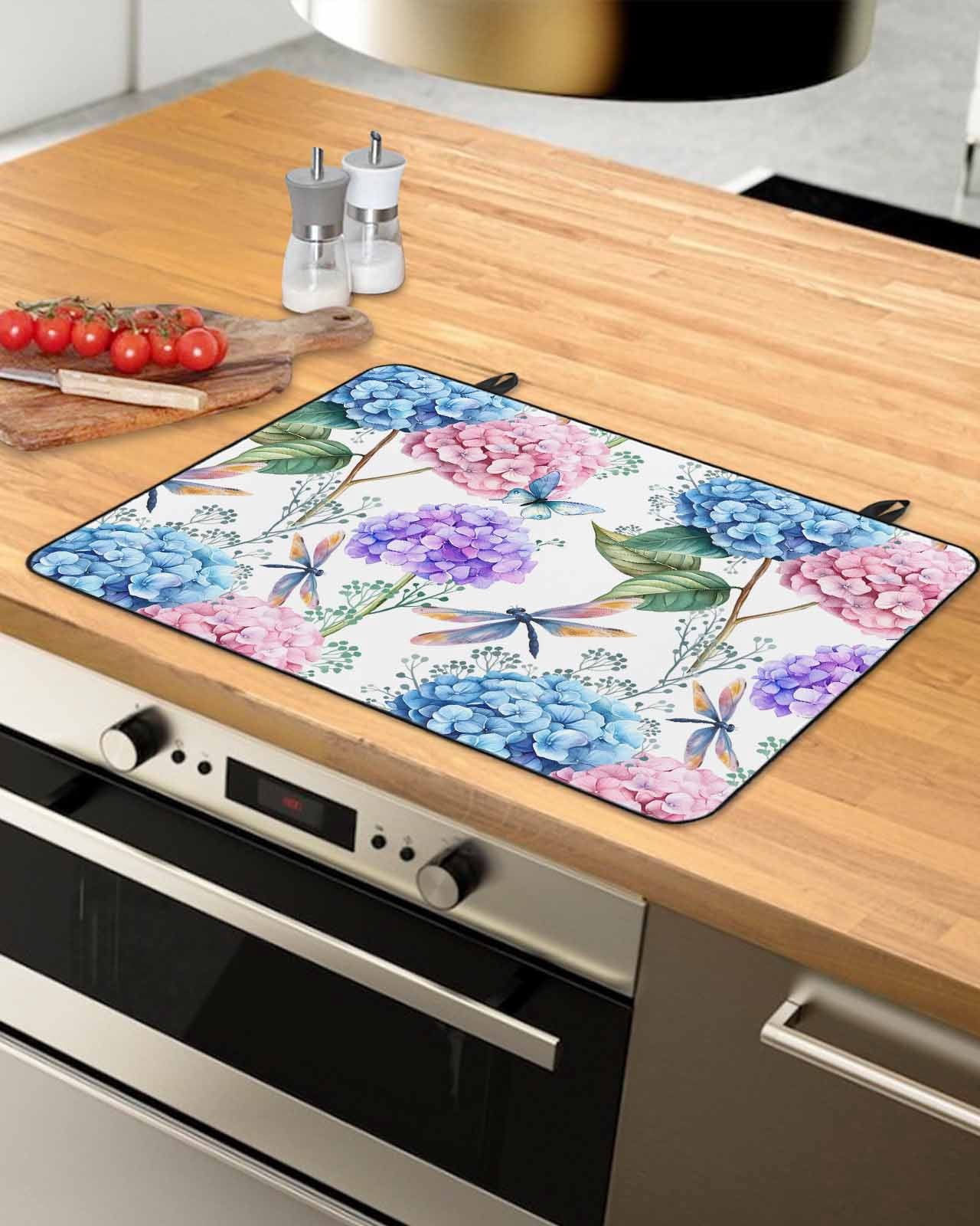 Large Induction Cooktop Protector Mat Botanical Flowers Stove Top Covers for Electric Stove, Spring Blue Pink Purple Floral Dragonfly Decorative Stove Burner Cover Mats, Glass Top Stove Cover