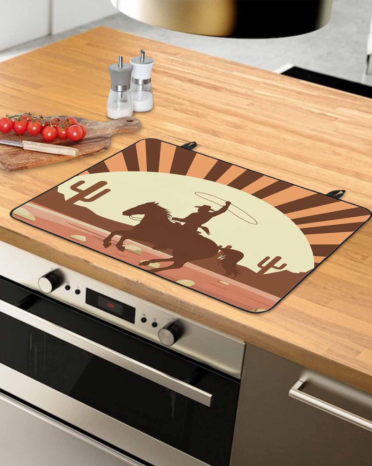 Large Induction Cooktop Protector Mat Brown Vintage Western Stove Top Covers for Electric Stove, Horse Cactus Retro Art Decorative Stove Burner Cover Mats, Glass Top Stove Cover