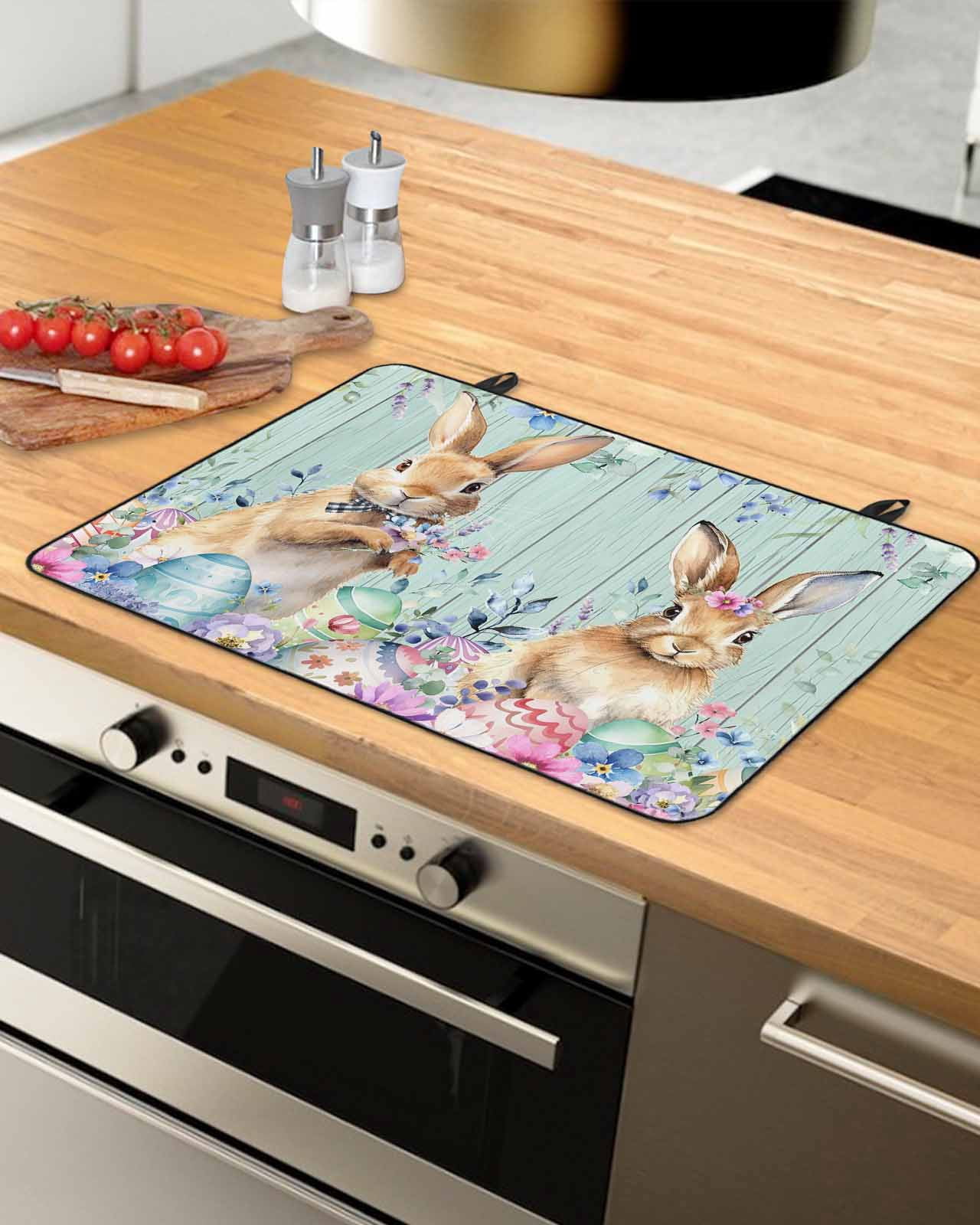 Large Induction Cooktop Protector Mat Bunny Easter Stove Top Covers for Electric Stove, Eucalyptus Leaves Floral Eggs Weeping Wooden Decorative Stove Burner Cover Mats, Glass Top Stove Cover